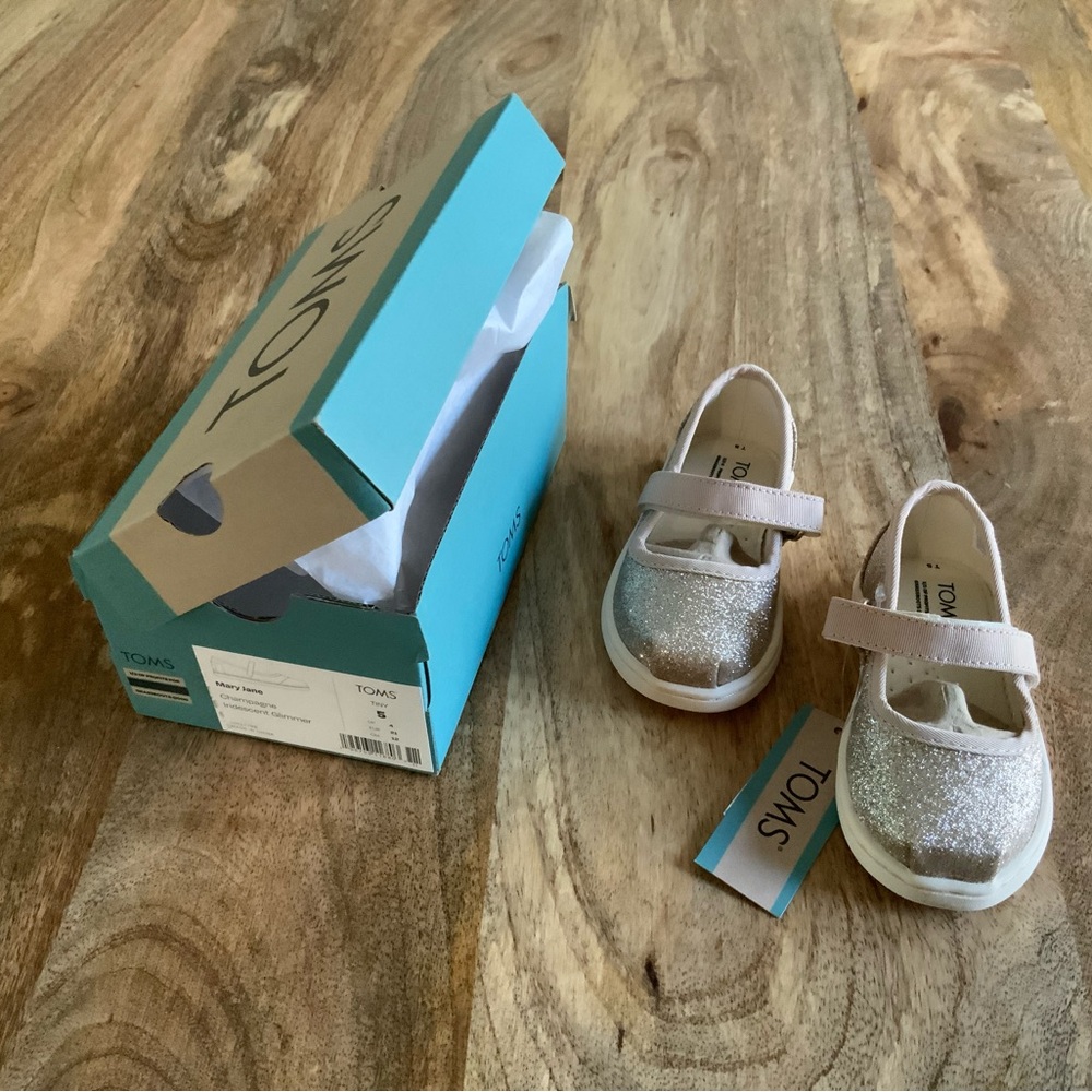 Toms - Tiny Mary Jane Flats Champagne Iridescent Glimmer - Size (Tiny 5)